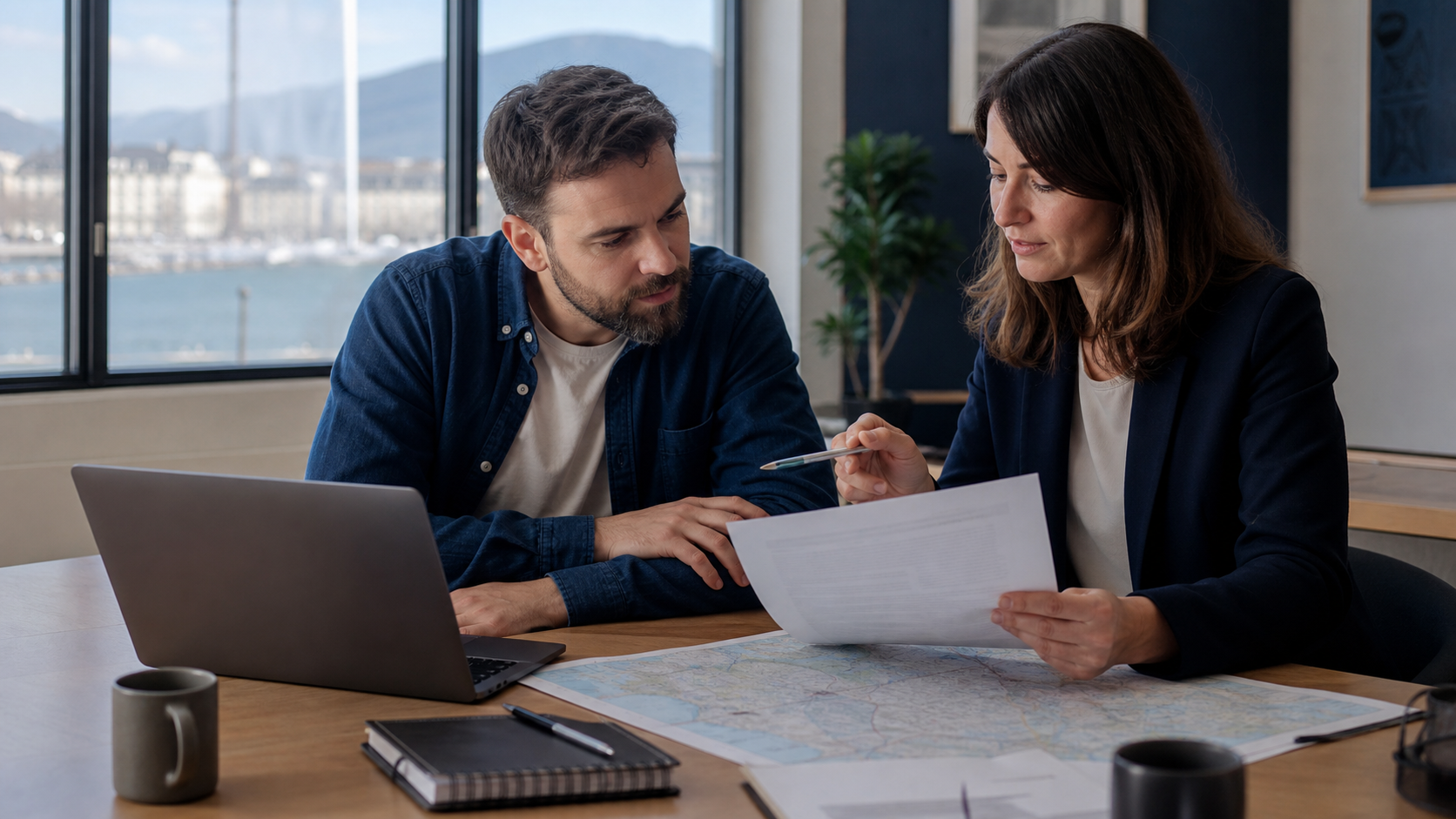 Responsable marketing vérifiant des pages locales pour Genève sur un plan de ville